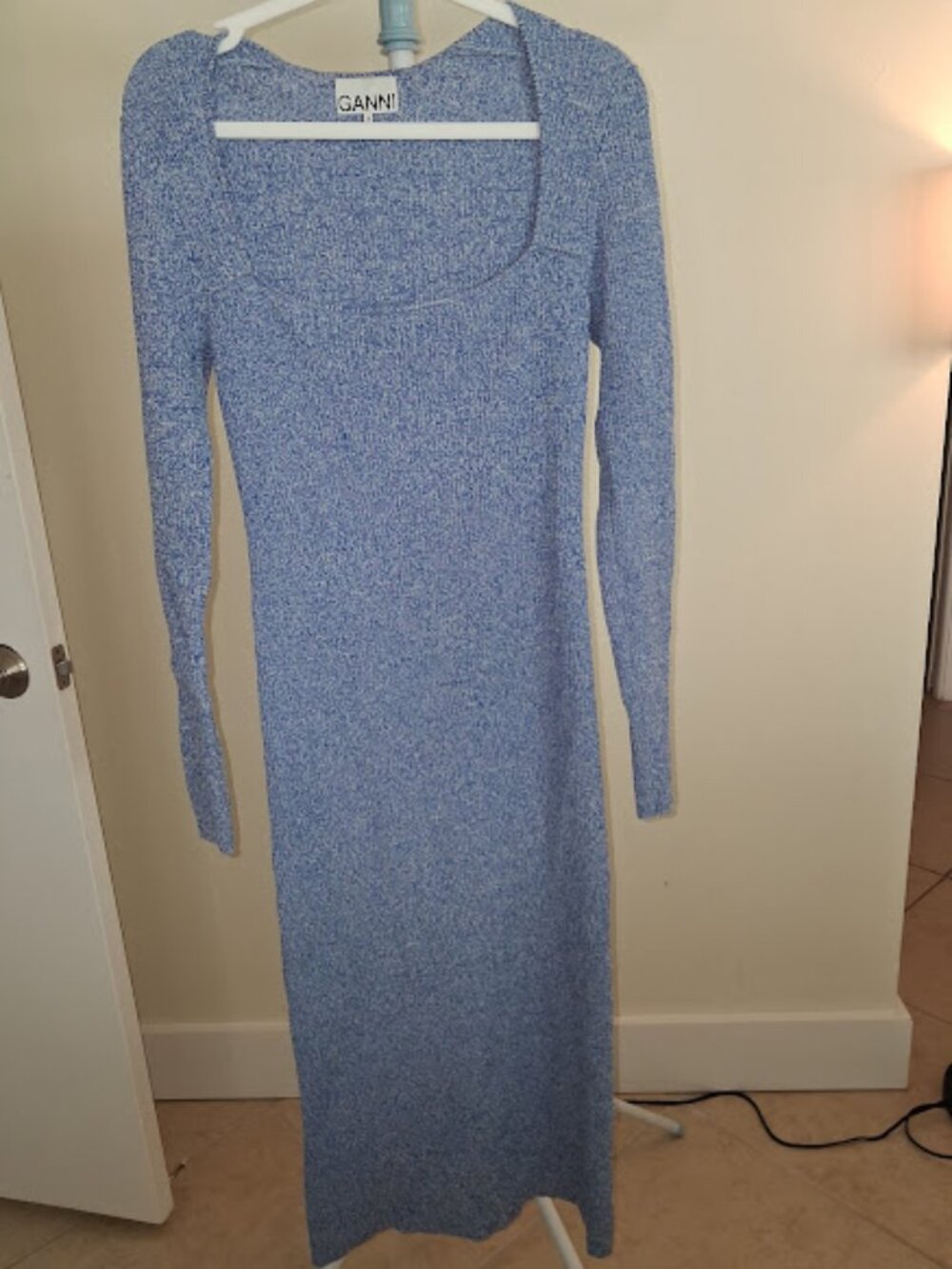 GANNI Melange Square-Neck Ribbed Knit Midi Dress in Daphne Blue Size L